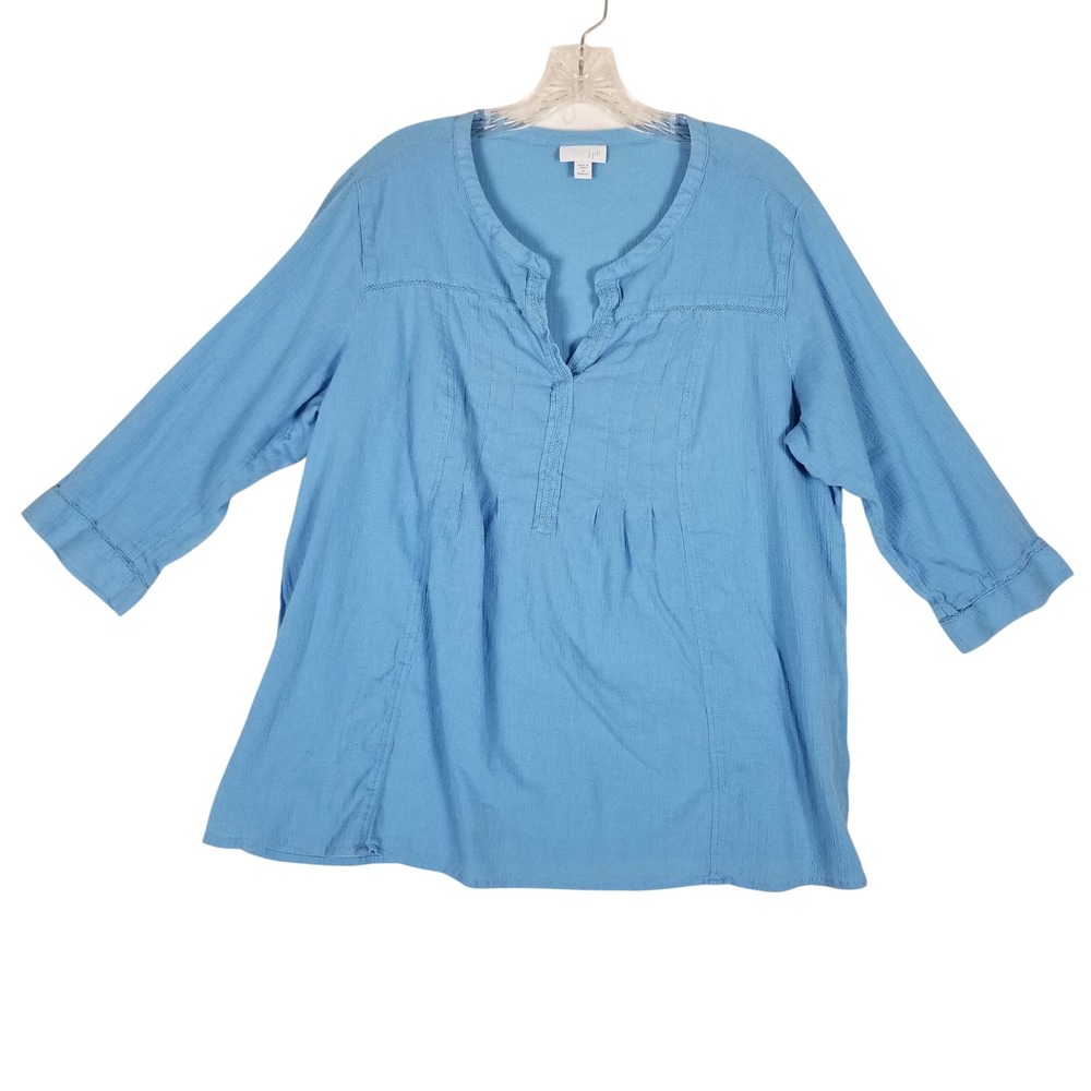 J. Jill Blouse Women 1X Blue Cotton Textured Lace Trim 3/4 Sleeve Top